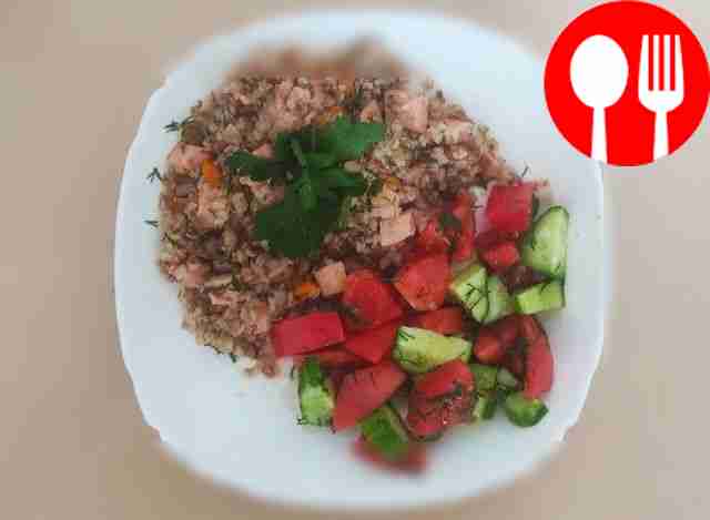 Rainbow buckwheat porridge with sausage