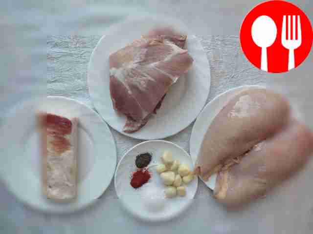 Cut the meat into small cubes, cut the lard...