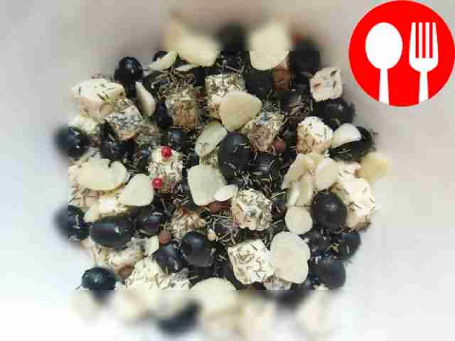 Cut the cheese into pieces, mix with olives....