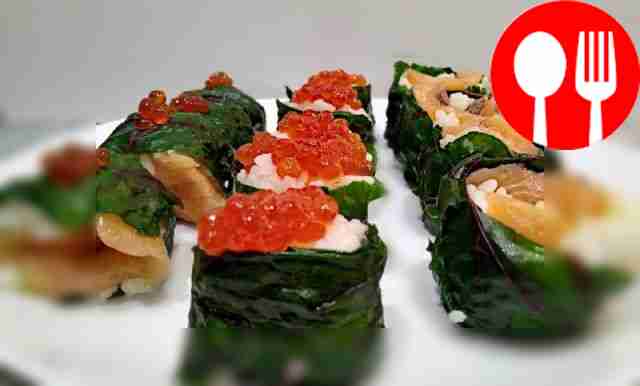 Emerald chard appetizer with salmon and rice