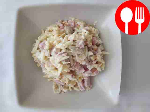 Velvet salad with corn, cheese, champignons