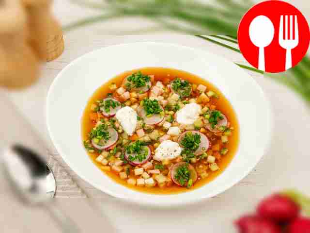 Garnish each serving with radish slices...