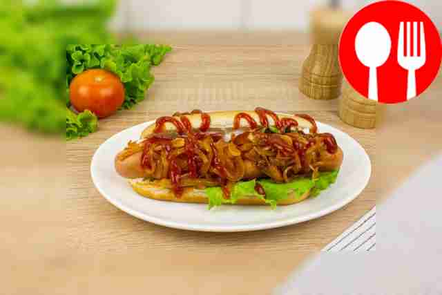 Homemade hot dogs with onions are ready. Bon appetit!