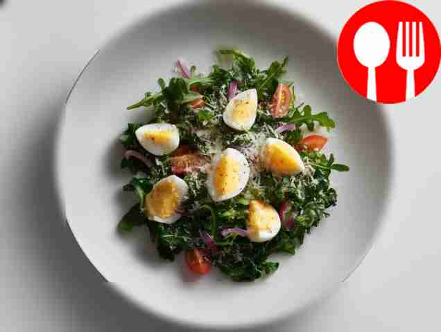 Healthy salad of arugula, eggs and cheese