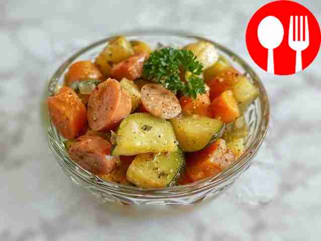 Легкие кабачки, тушеные с сардельками, луком и морковью